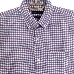 Banana Republic Mens 100% Linen Button Down Shirt Red Blue Plaid Medium
